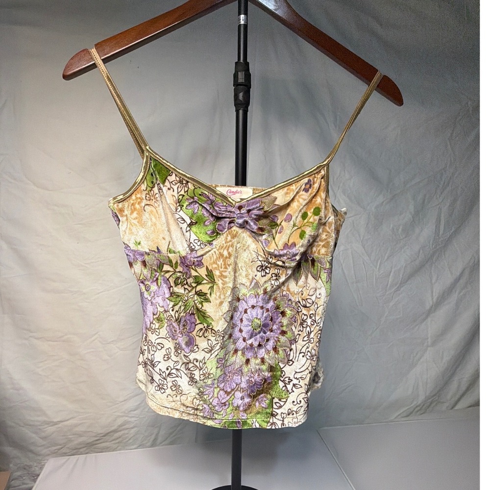 Vintage Candies Floral Velvet Camisole Top Purple Gold Metallic Y2K Large